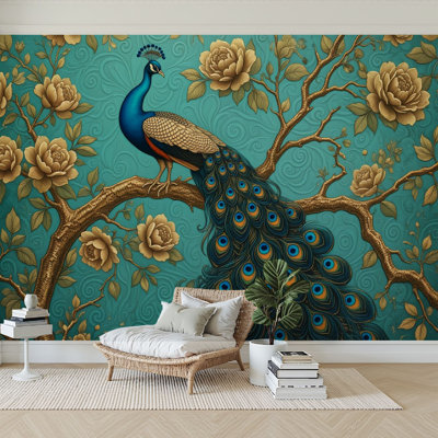 Papier peint adhésif auto-adhésif moderne l 144 po x H 100 po pour chambre à coucher Peacock Branch