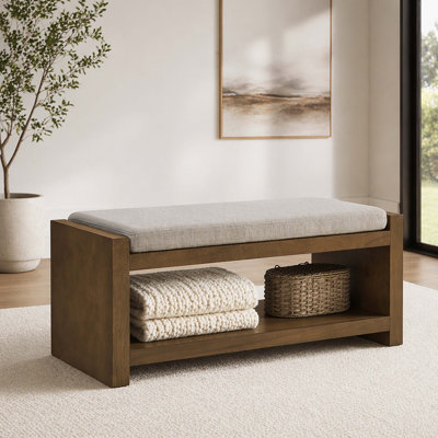 40 Inch Wood Storage Bench with Lower Open Shelf, Removable Linen Padded Cushion Bed End Shoe Bench for Bedroom Living Room Entryway