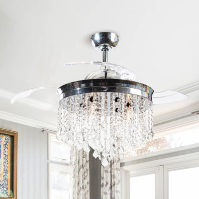 Ventilateur de plafond lustre rétractable en cristal 42 po avec ensemble d'éclairage et télécommande Kaleb