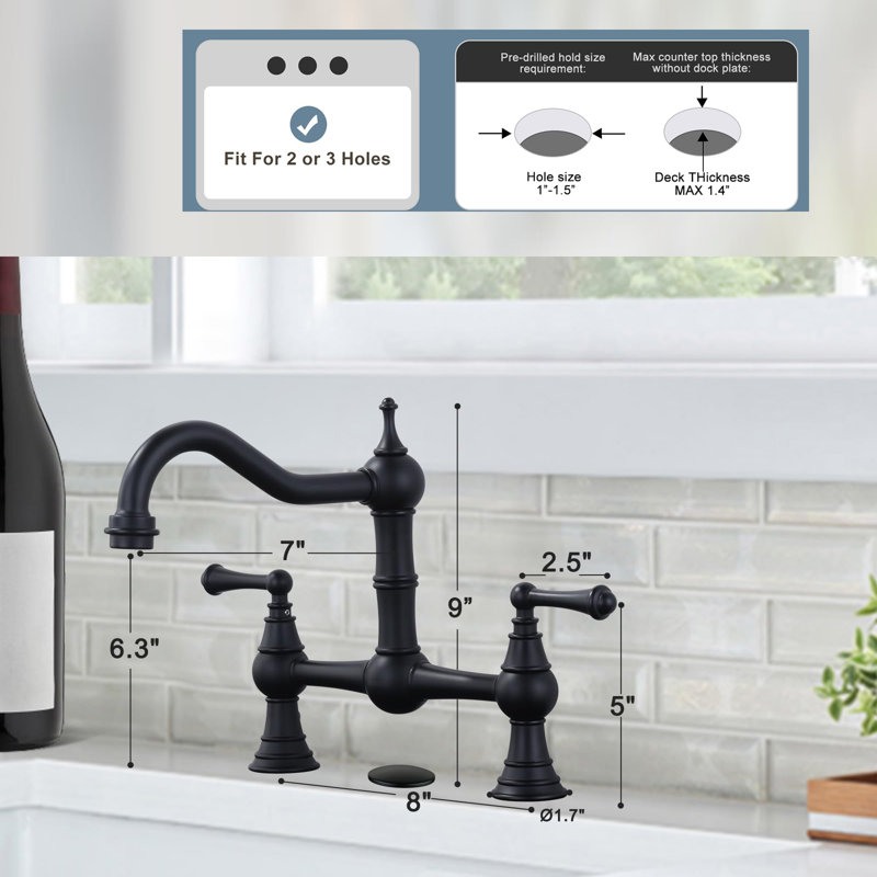 Bridge-Style Kitchen Faucet, 2 Or 3 Hole Bridge Faucet, 2 Handle Kitchen Sink Faucet 360° Rotating Faucet, Black