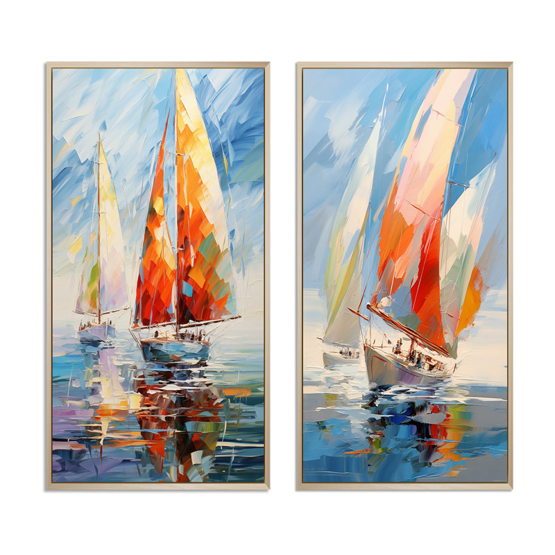 "Voiliers abstraits" - 2 pièces sur toile, Encadrement brun, H 24 po x l 20 po