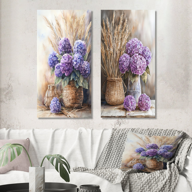Hydrangeas and Pampas Grass Bouquet I - Botanical, impression d'art mural en métal surdimensionné 2 pièces, 40" H x 40" W