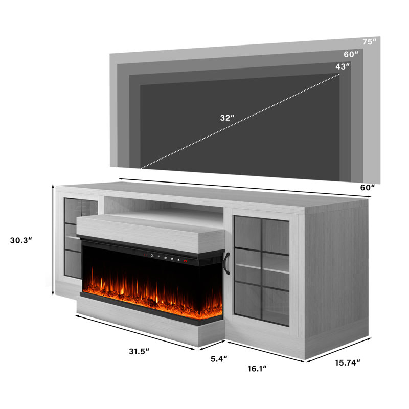 60'' Media Console With 30'' Electric Fireplace, White