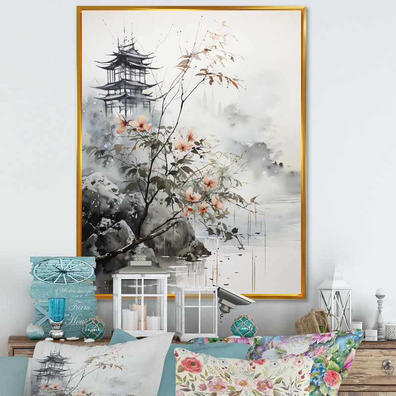 Art asiatique, oiseau Sumi, sérénité - impression, H 44 po x l 34 po x P 1,5 po, Cadre flottant doré