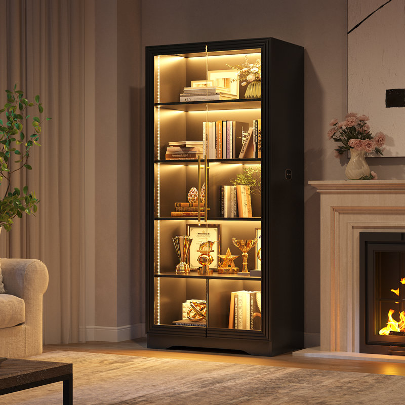 65" 5-Tier Office Storage Cabinet, Glass Display Cabinet With Three-Color Led Strip And Sensor, Black