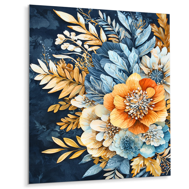Floral fantaisie bleu et couleurs estivales III - botanique, art mural en métal, impression moderne sur métal