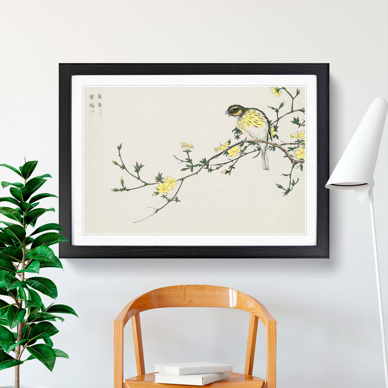 Bunting Bird on a Plum Tree by Numata Kashu - Picture Frame Art Print, 48cm H x 65cm W x 2cm D, Black Framed