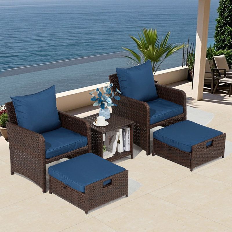 Ensemble de conversation pour patio 5 pièces avec repose-pieds en osier (rotin), Brun, Marine