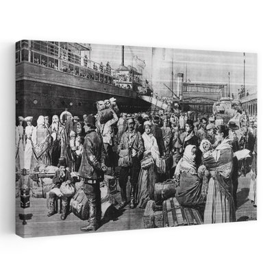 1900S 1907 Drawing Of A Crowd Of Immigrants On Wharf Pier Leaving A Ship Holding Luggage And Bundles Of Belongings Classic Retro Vintage Urban Wall...