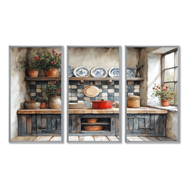 Country Kitchen Rustic Dream I - Ensemble d'art mural de cuisine, Toile argentée avec cadre flottant