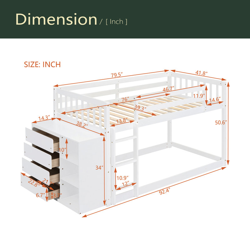 Lit superposé avec 4 tiroirs et 3 tablettes, Simple sur simple, Blanc