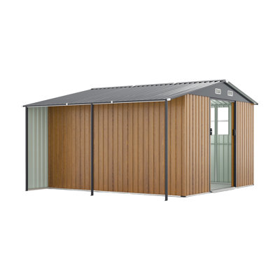 Remise de rangement extérieure en métal jaune 10 x 12 pi, conception à deux zones pour le rangement des outils et du patio, portes coulissantes lisses, bien aérée, remise en acier galvanisé avec maximum saisonnier verrouillable