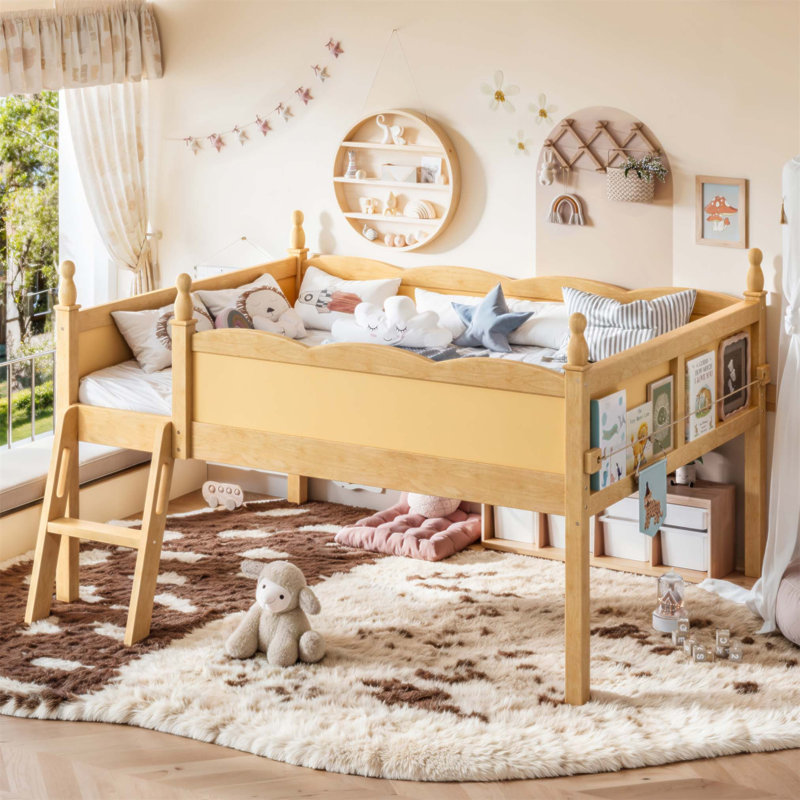 Lit mezzanine avec garde-corps pleine longueur, lit mezzanine bas en bois massif avec échelles et tablette à côté, forme chic et conception à profil bas (sans matelas)