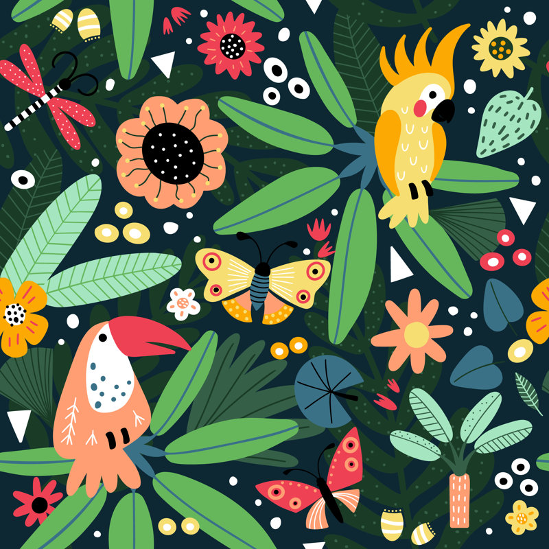 Tropical Pattern With Parrots by Yulia337 - No Frame Print on Canvas, 76cm H x 76cm W x 3.8cm D