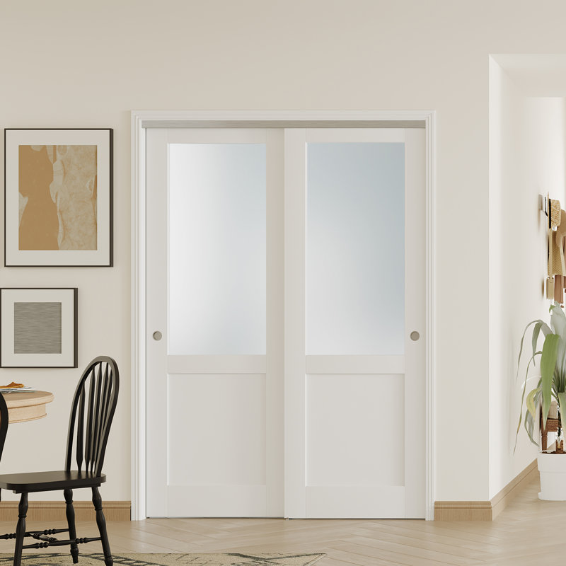 2 MDF Interior Slab Doors with Aluminium Hardware Bypass Sliding Door Half Lite Frosted Glass Design, 56" x 80"