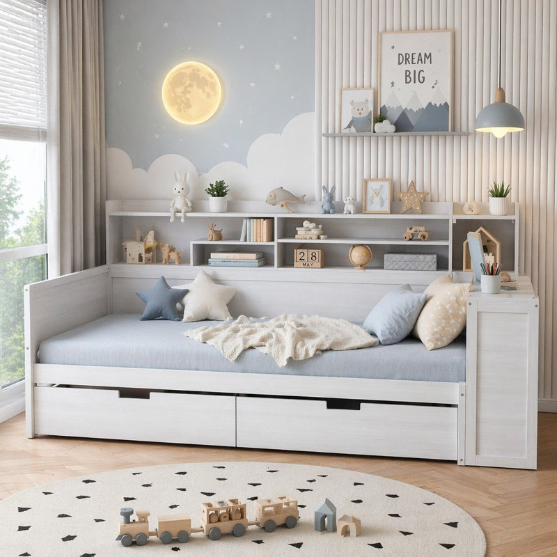 Lit de jour double en bois avec tablettes de rangement, lit multifonctionnel avec deux tiroirs de rangement et bureau d'étude, gris (ANCIEN SKU: N733S241486E)