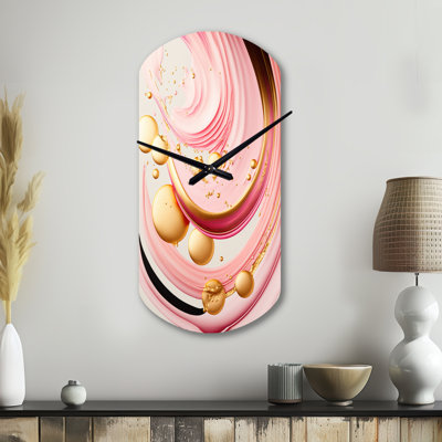 «Pink and Gold Abstract Circles II - Abstract Spirals», horloge asymétrique en métal et cylindre rose