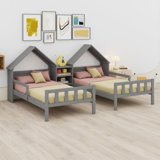 Double Platform Bed With House-Shaped Headboard And A Built-In Nightstand