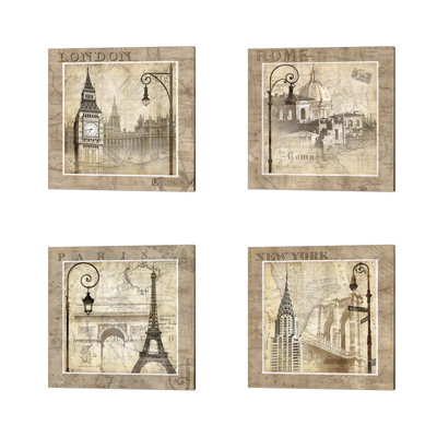 " Paris Holiday, When in Rome, London Calling, New York Serenade & Paris Holiday " by Keith Mallett 4 Piece Art Graphic Art Print