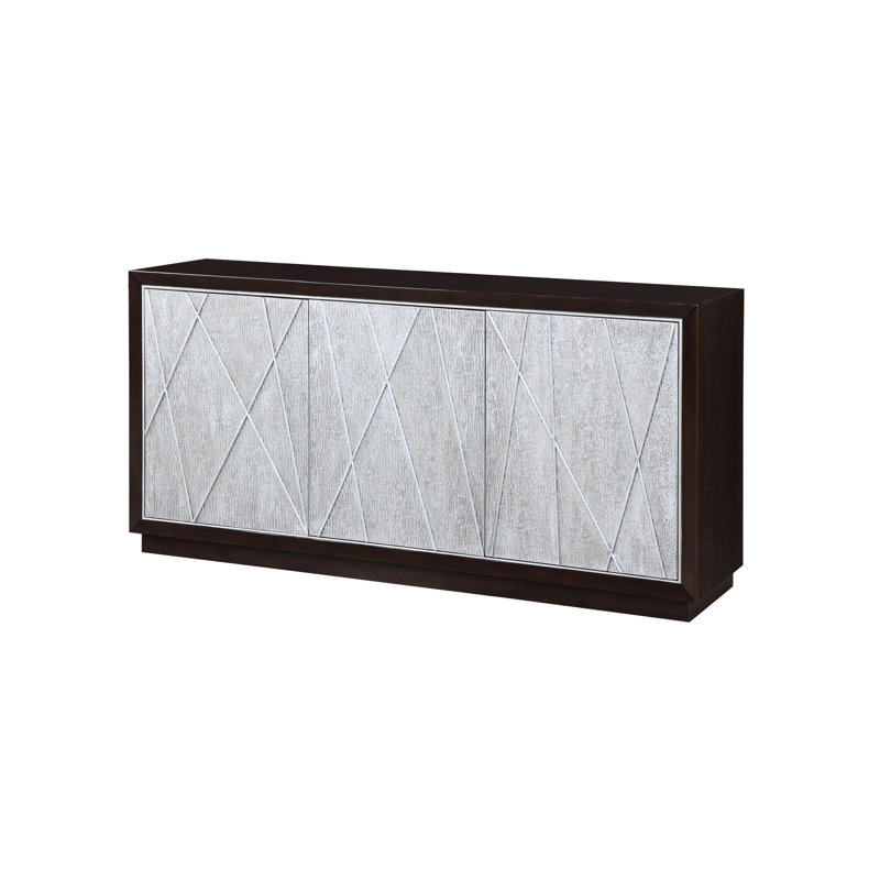 Armoire console moderne à motif géométrique en argent et noyer avec rangement métallique