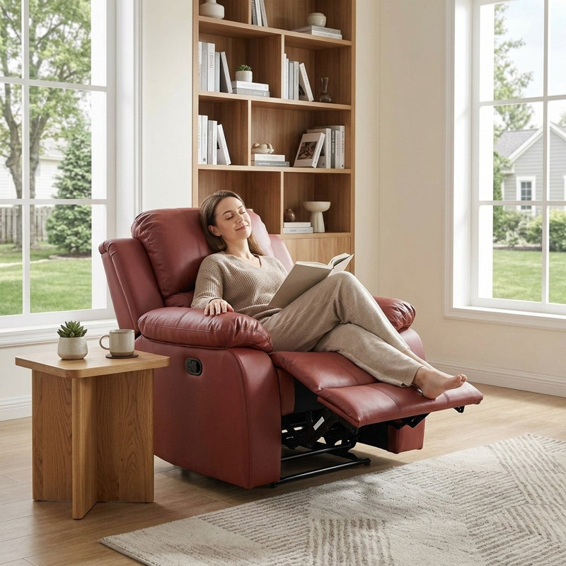 Adjustable Backrest Single Sofa with Solid Wood Frame & Double Spring Support, Red