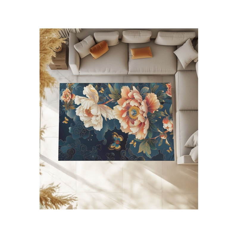 Tapis tissé à motif floral lavable, Sous-tapis rectangulaire de 3 pi 3 po x 4 pi 11 po