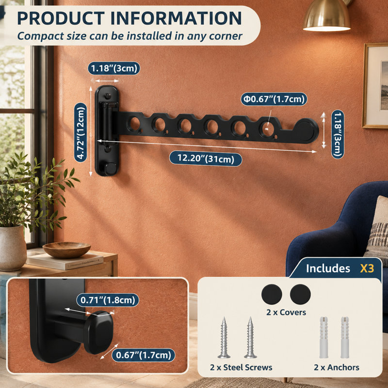 Ensemble de 2 supports à vêtements pliables muraux noirs à 6 trous - Organisateurs de linge et de chambre pliables