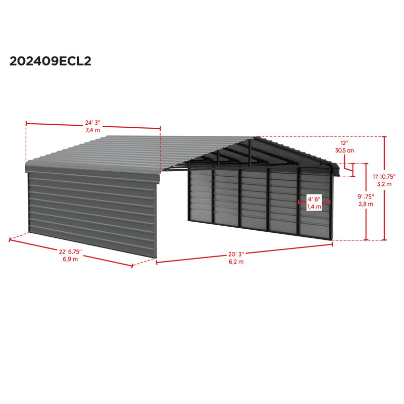 Steel Carport With 2 Side Wall Kits, 20X24X9, Black