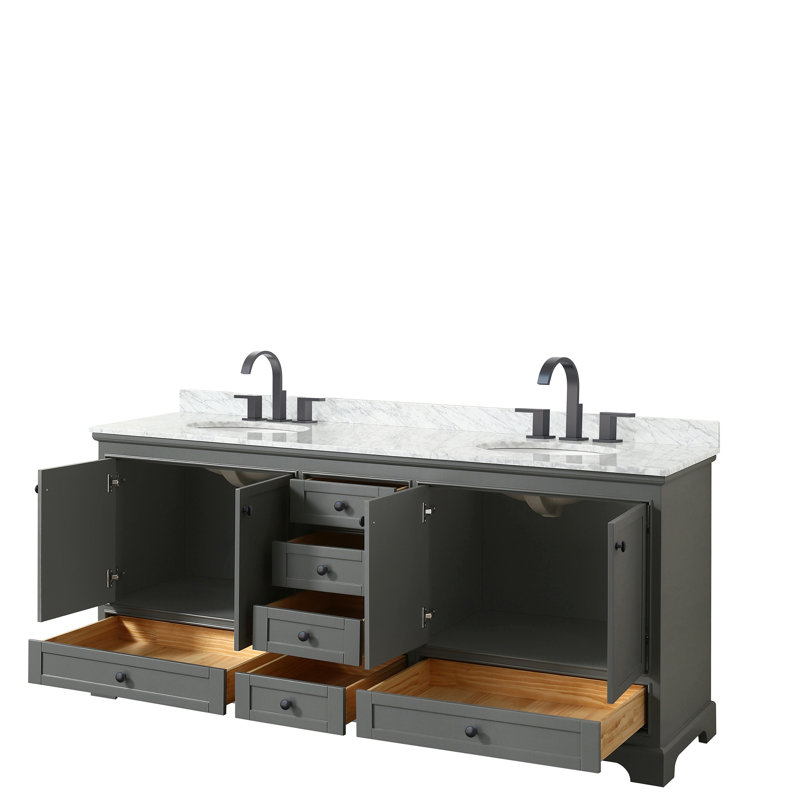 Deborah 80'' Double Bathroom Vanity with Marble Top, Dark Gray, Black