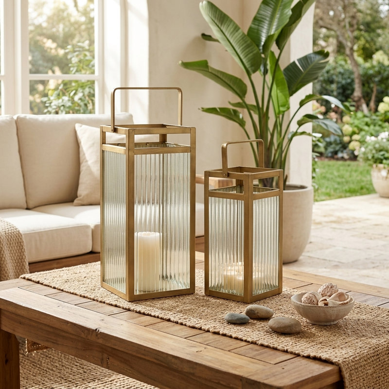 Drusilla Set Of 2 Indoor Fluted Glass Lanterns - 16" And 12.25", Gold