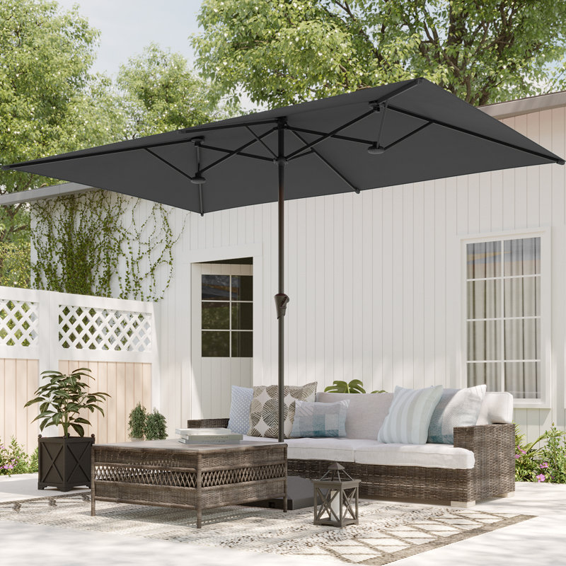 Parasols de table de patio à double face avec auvent résistant aux rayons UV et manivelle, H 94,1 po x l 130 po x P 82,7 po