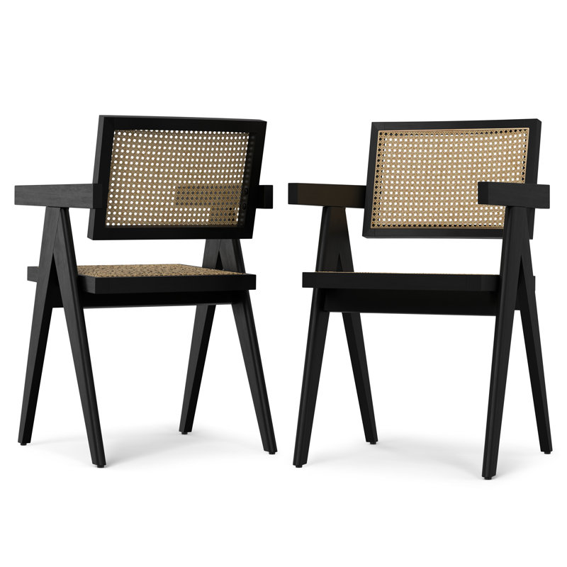 Regina Solid Wood Dining Chair with Ratan Backrest and Mid-Century Modern Design (Set of 2), Black