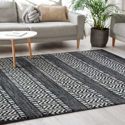 Tapis noir rayé en coton fabriqué à la main Dhurrie