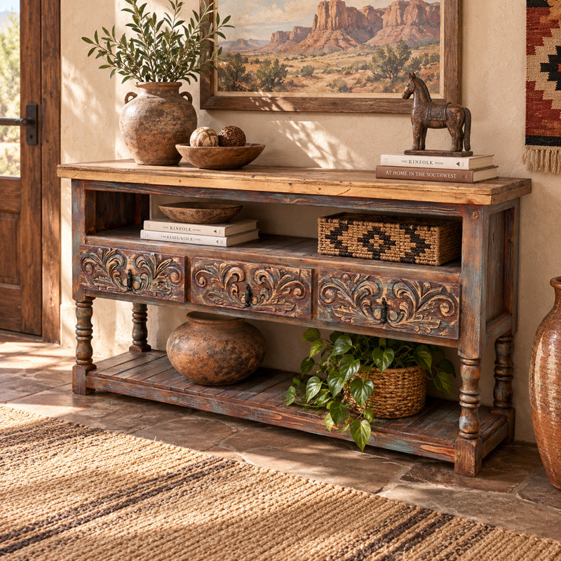 Adobe Bloom Hand-Carved 3-Drawer Rustic Console Table