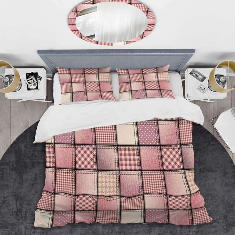 Pink Denim Patchwork Polyester Patchwork Duvet Cover Set, Twin Duvet Cover + 2 Standard Shams