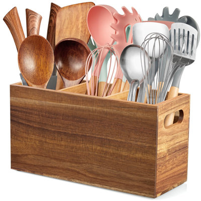 Porte-ustensiles de cuisine pour comptoir, grand porte-ustensiles en bois pour comptoir, pot à ustensiles de cuisine à 3 compartiments (acacia)