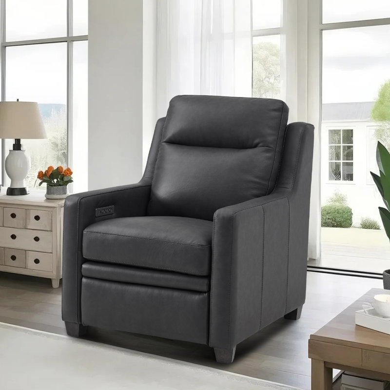 Fauteuil inclinable électrique en cuir véritable 32 po avec paroi zéro, appui-tête réglable et bois, Gris anthracite