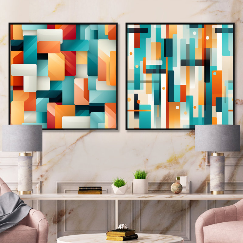Orange et vert Popart Pop culture Pixels - formes abstraites carrées collage ensemble de 2, H 36 po x l 73 po