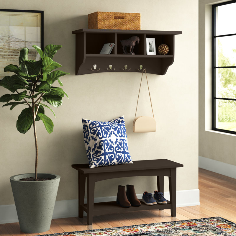 Ajwad 36"W Cottage Beach House Design Wall Mounted Coat Hook and Bench Set with Storage, Chocolate