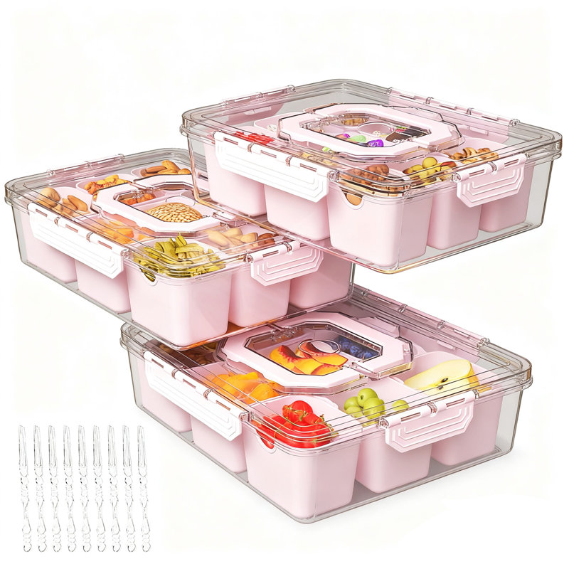 Divided Serving Tray With Lid & Handles, 9-Compartment Snack Box, Charcuterie Organizer For Candy, Nuts, Fruits, Snacks, Pink, 3 Pack