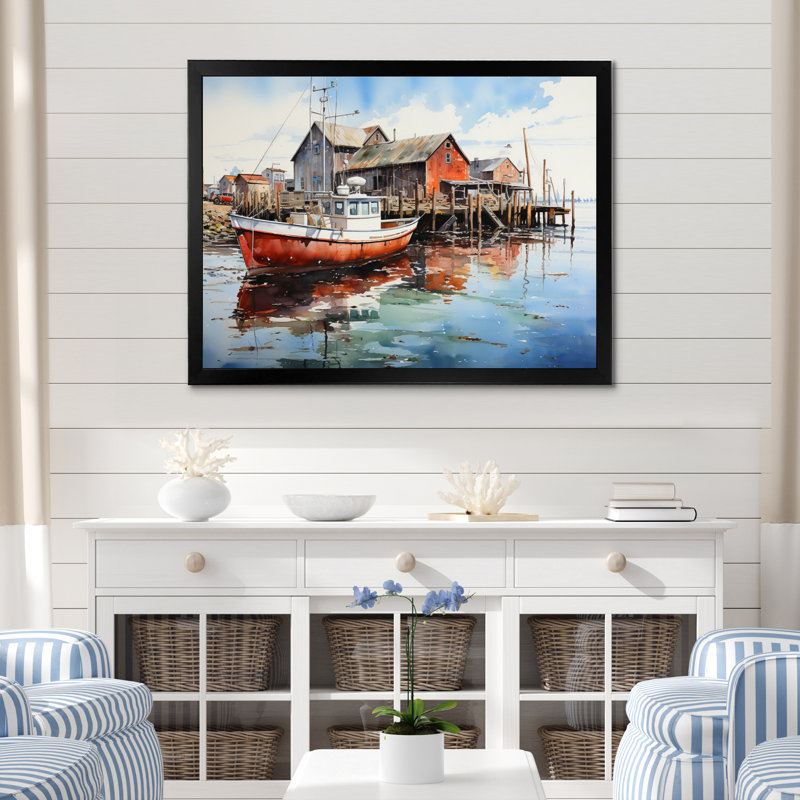 Port Portside Reflection Pointillism I sur impression sur toile, H 24 po x l 32 po x P 1 po, Cadre photo noir