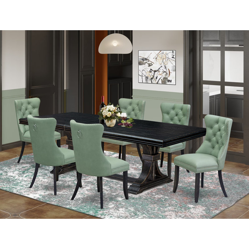 7 Pieces Dining Set Contains a Rectangle Kitchen Table and 6 Willow Green Polyester Fabric Modern Chairs, Sand Blasting Black