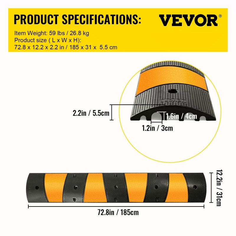 2Pcs 6 pieds allée en caoutchouc modulaire robuste 72,4 x 12 x 2,4 pouces pour rampe de protection de câble pour garage Gravier asphalte, 2-Pack-6Ft-Speed