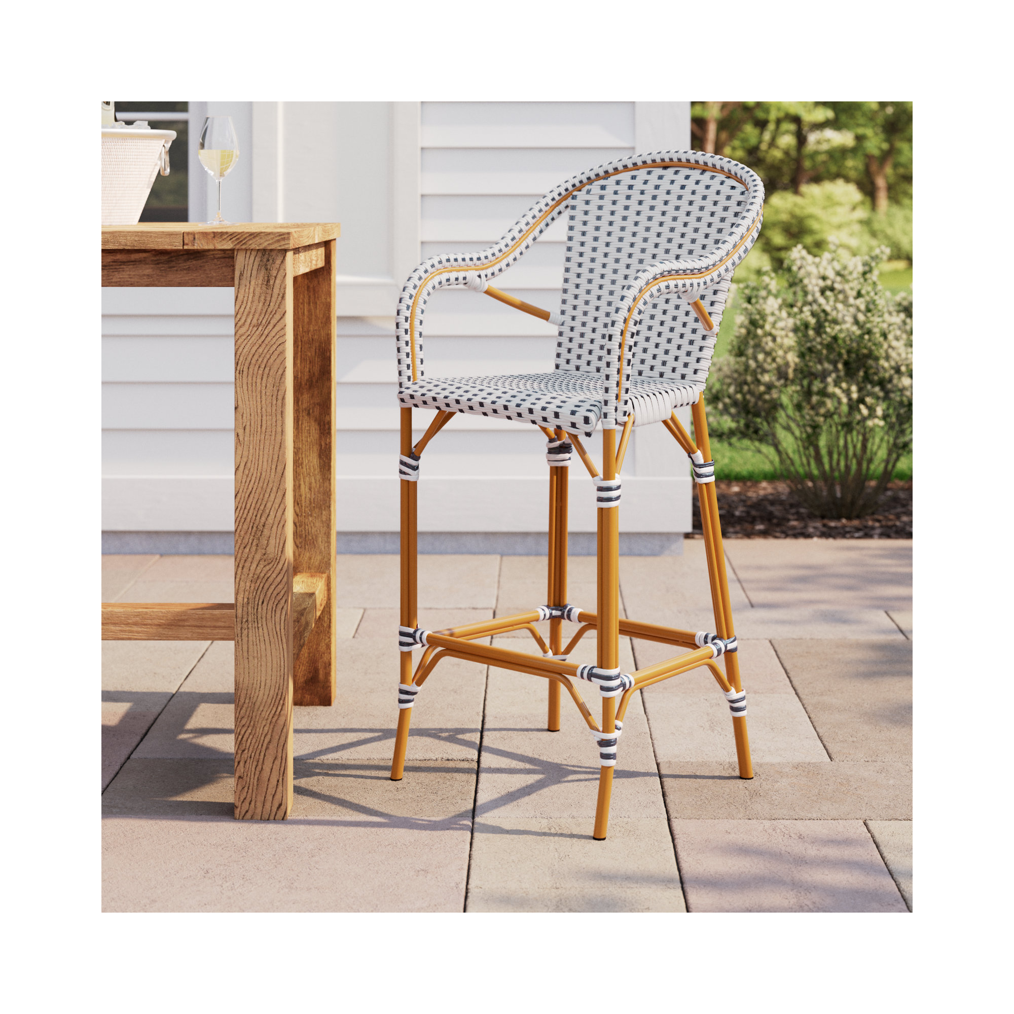 Popplewell 46.5'' Aluminum Outdoor Bar Stool, White/Navy