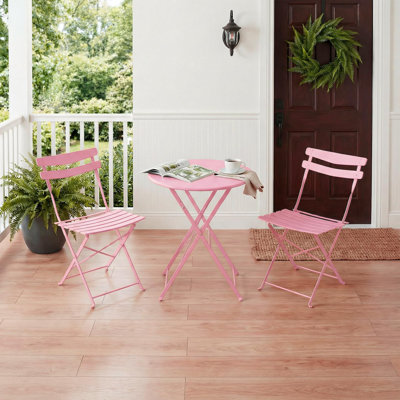 3 Piece Patio Bistro Set, Folding Patio Bistro Table and Chairs Set of 2, Outdoor Patio Furniture Set, Metal Structure, No Assembly Need, for Balcony Yard Garden, Pink