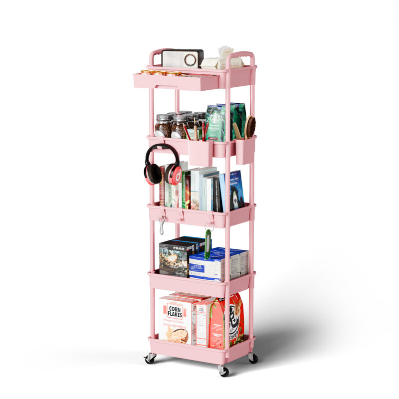 Chariot de rangement roulant, étagère mobile à 5 niveaux, Rose