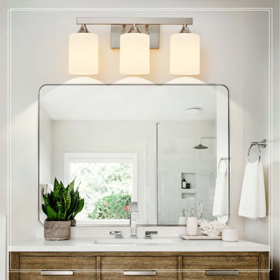 3-Light Brushed Nickel Silver Bathroom Vanity Light, Moisture-Proof Easy Clean Metal Wall Light with Milk White Cylinder Glass Shade, Contemporary Wall Sconce for Guest Bath