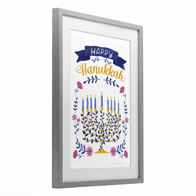 Floral Menorah Happy Hanukkah Framed Print Under Glass, design by JJ Design House LLC