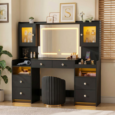 Leritan 62" Makeup Vanity Desk with Lighted Mirror, Tempered Glass Top, Power Outlet, 4 Drawers,  and RGB Lighted Cabinet