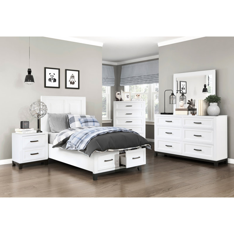 Lit plateforme simple avec rangement à finition blanche pour installation de meubles de chambre à coucher avec tiroirs à lattes